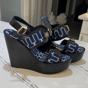 Tory Burch Florian Printed Logo Leather Embroidered Black and Blue Wedge 7.5 M